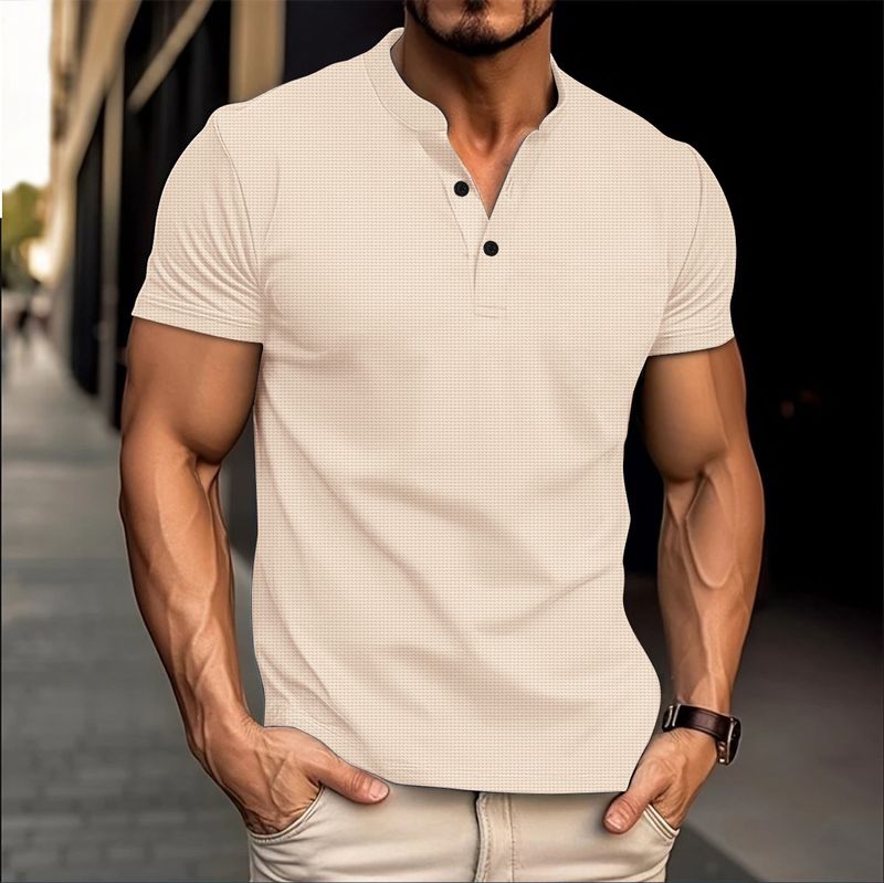 001 Cross-border 2024 Summer Men's Short Sleeve V-neck Waffle Solid Color Button Polo Shirt_voghion.com