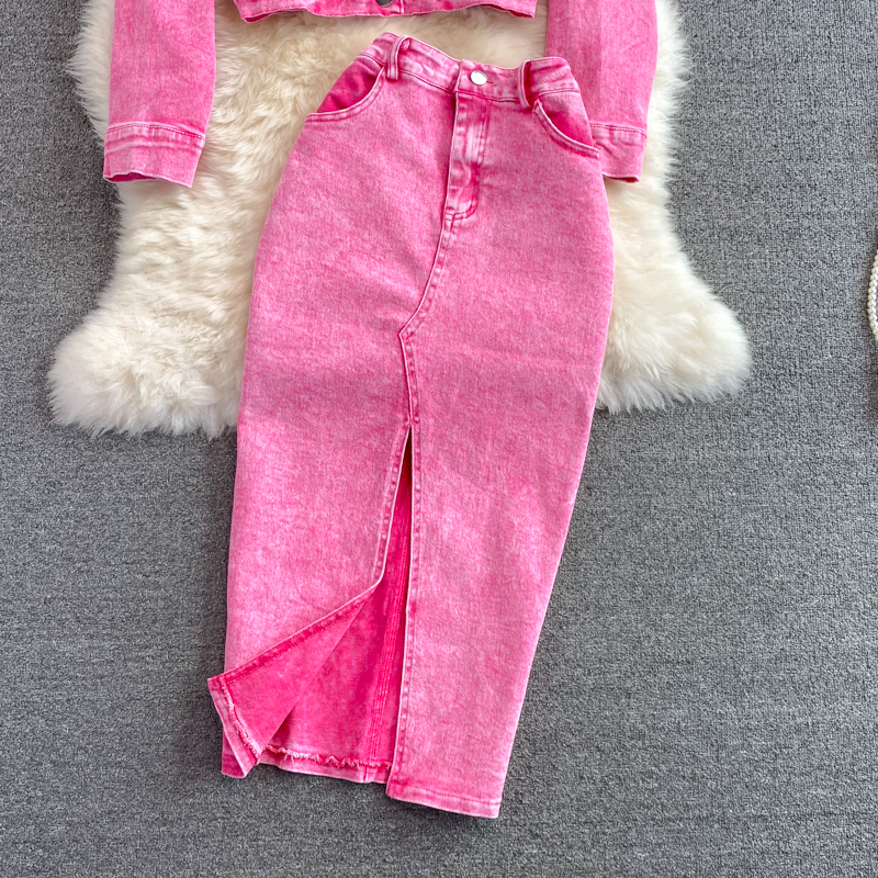 Ropa de mujer Conjunto de dos piezas formado por chaqueta y pantalón corto de mezclilla rosa y holgado para mujer_voghion.com