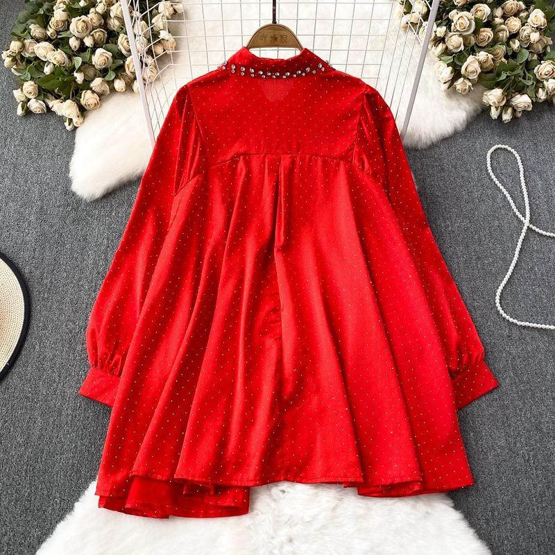 Maglietta monopetto ampia di media lunghezza con borchie, a maniche lunghe, leggera e di alta qualità, da donna, top casual da donna_voghion.com