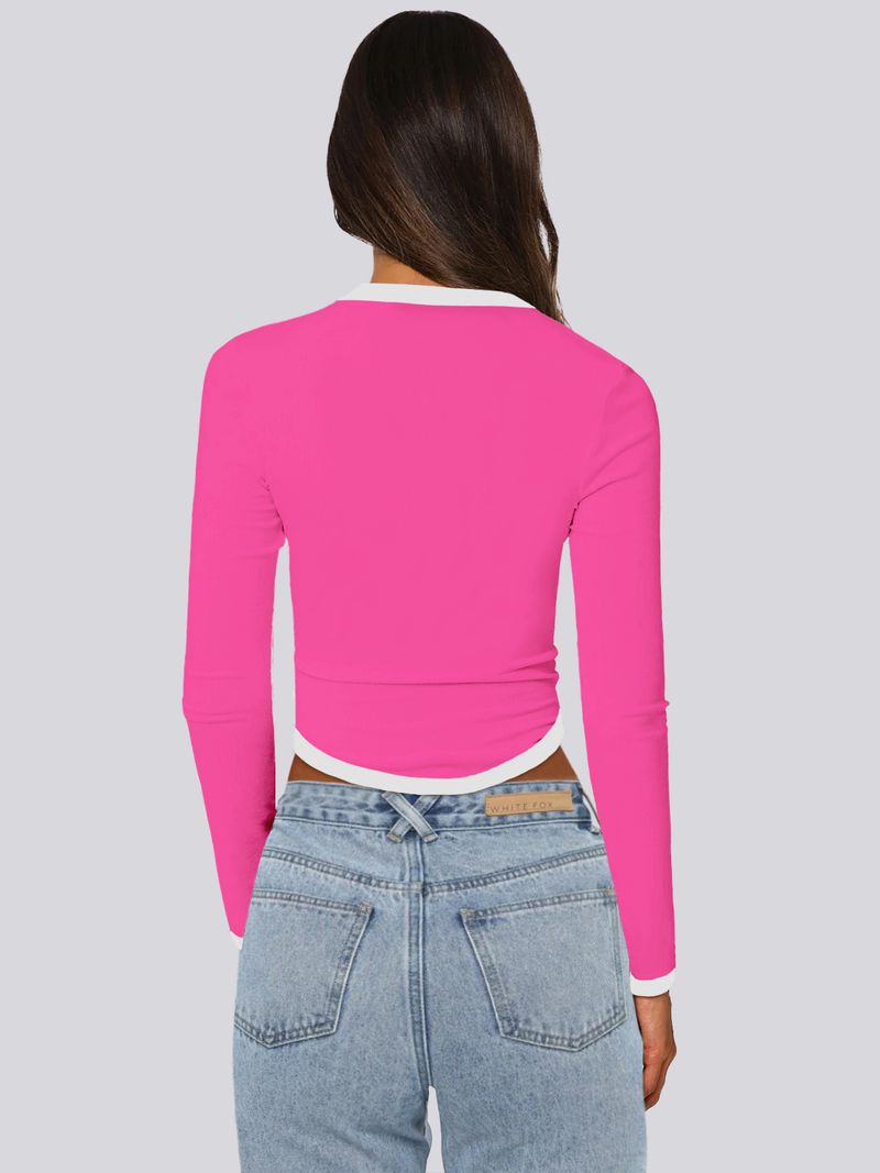 Blusa feminina primavera verão 2025, manga comprida, gola redonda, slim fit, bloco de cores_voghion.com