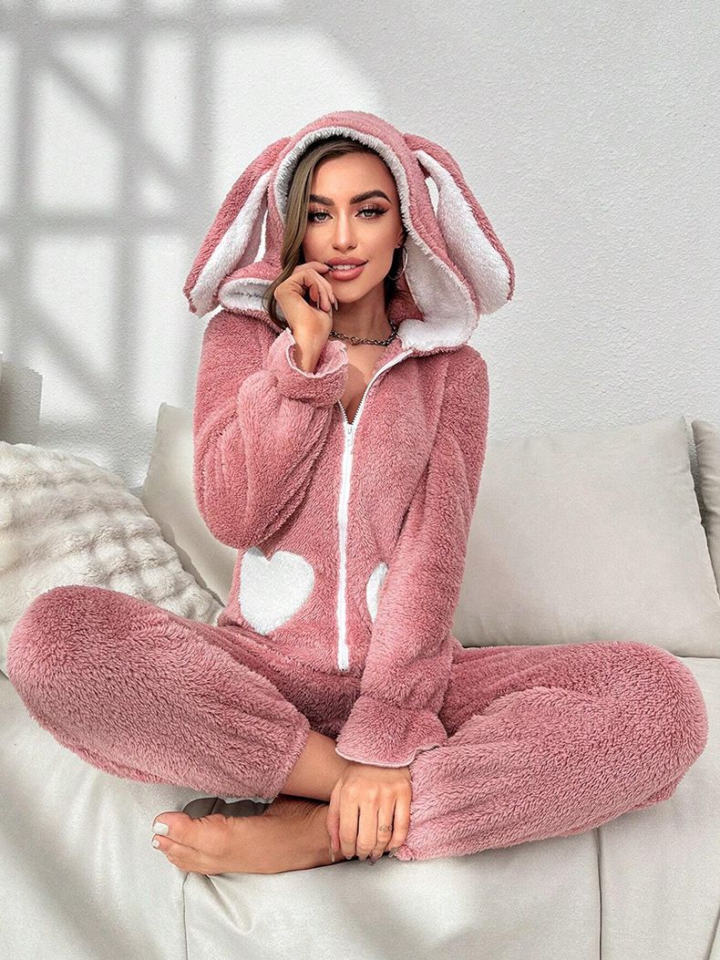 Bonnet à oreilles de lapin de couleur contrastée, fermeture éclair sur le dessus, idéal pour l'automne et l'hiver, pyjama chaud et confortable_voghion.com