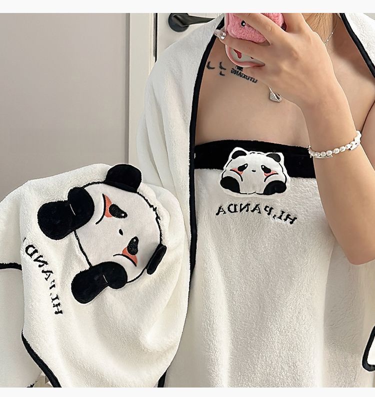Panda Schnelltrocknendes Haarhandtuch Dreiteiliges Set Neue Duschhaube aus Korallenvlies Baderock Bademantel Tragbarer Wickelbarer Erwachsener_voghion.com