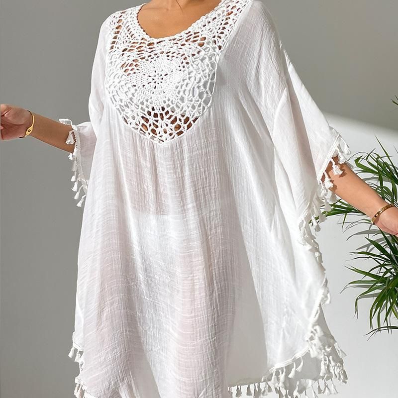 Crochet-Trimmed Polyester Beach Cover-Up – Flowy & Sexy Bikini Wrap For Vacation & Swim (One Size) – Lightweight & Stylish_voghion.com