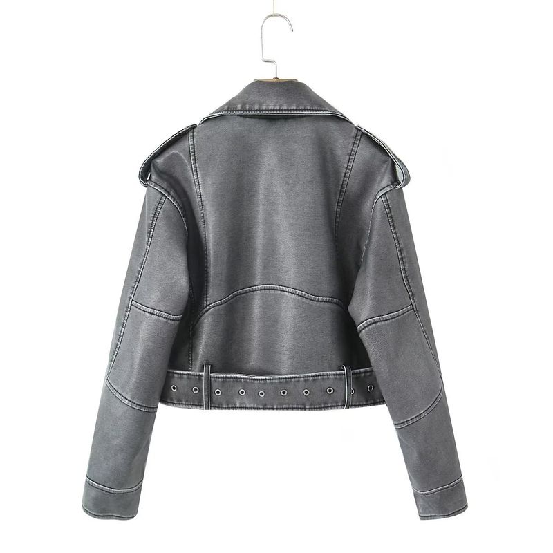 Giacca in similpelle vintage da donna – Cappotto oversize in PU con effetto slavato, stile biker streetwear con cerniera (grigio/verde militare/nero, S-L)_voghion.com