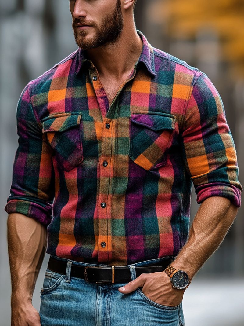 Men's Clothing New Men's New Shirt Men's Plaid Print Plus Velvet Men's Pocket Shirt_voghion.com