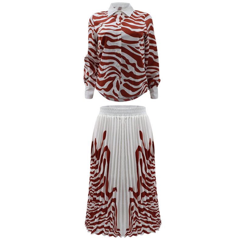 Damenbekleidung Zebra-Print Langarmshirt Lässiger Faltenrock Zweiteiliges Set_voghion.com
