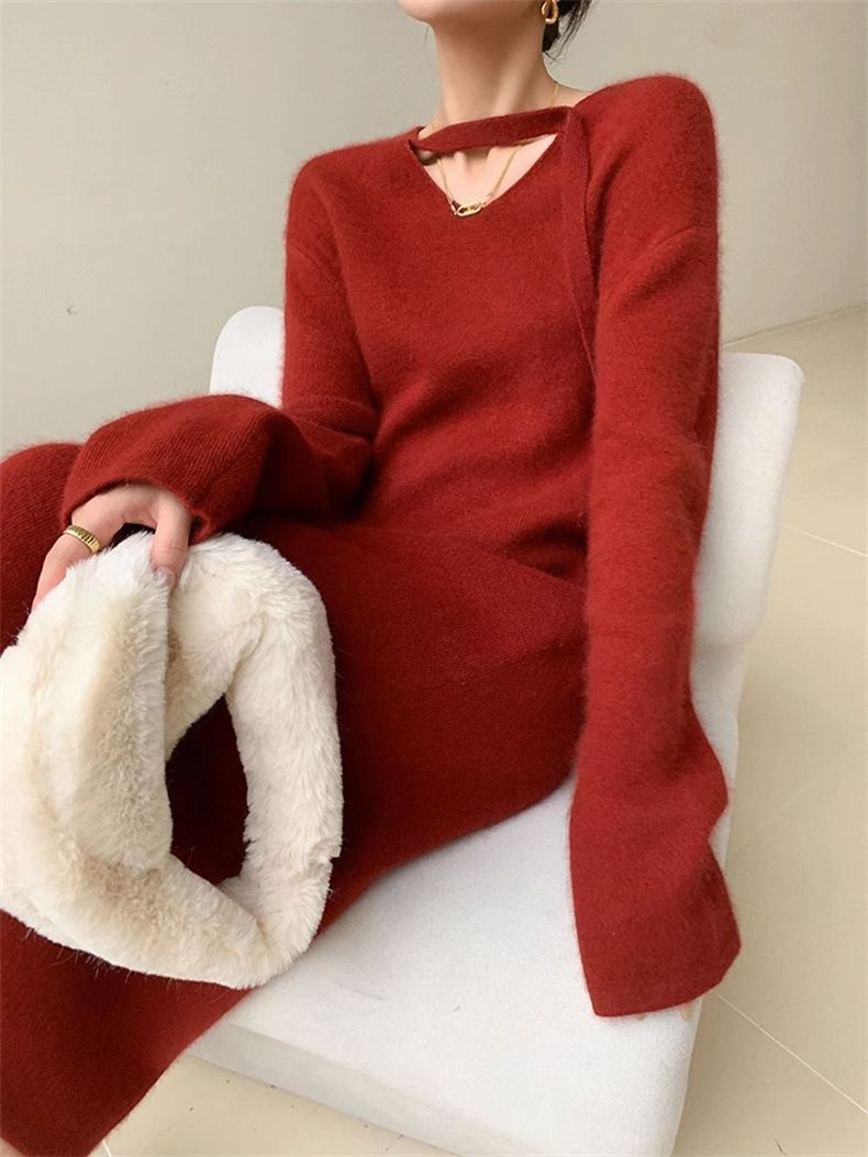 Gestrickter Herbst-Winter-Mantel im französischen Stil mit schmaler Taille und innerer Schichtbasis, langer, weicher Pullover mit V-Ausschnitt_voghion.com