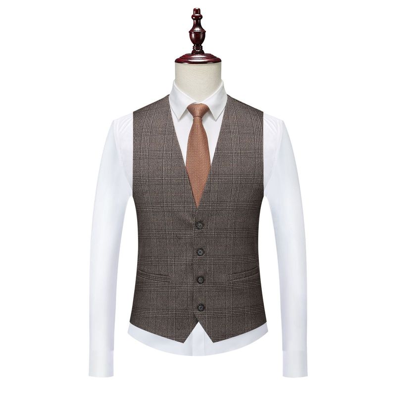 Conjunto de chaqueta de traje casual delgado a cuadros de ropa de hombre de 3 piezas_voghion.com