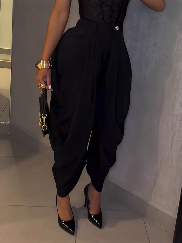 Pantalon palazzo taille haute élégant pour femme - Mélange de polyester extensible doux, ourlet asymétrique, confortable pour le bureau et les loisirs (noir/beige/crème)_voghion.com