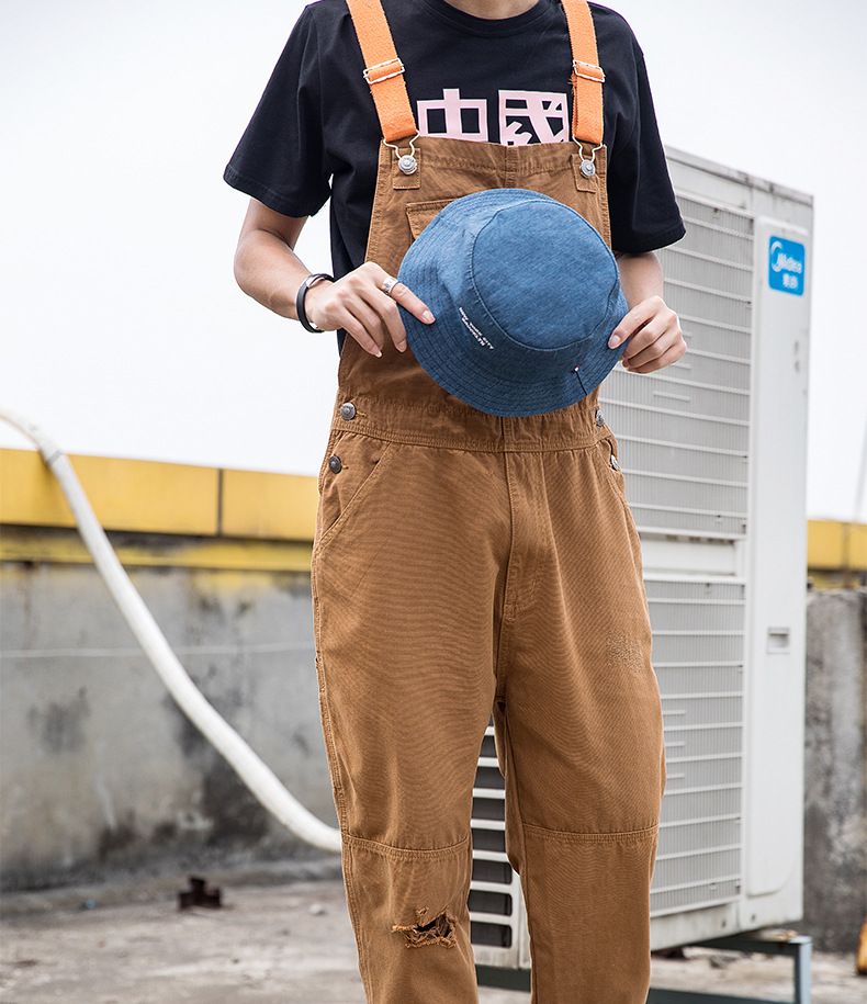 Man's clothing Men's denim overalls couple ripped loose straight jumpsuit wide leg overalls suspenders ins Daddy pants_voghion.com