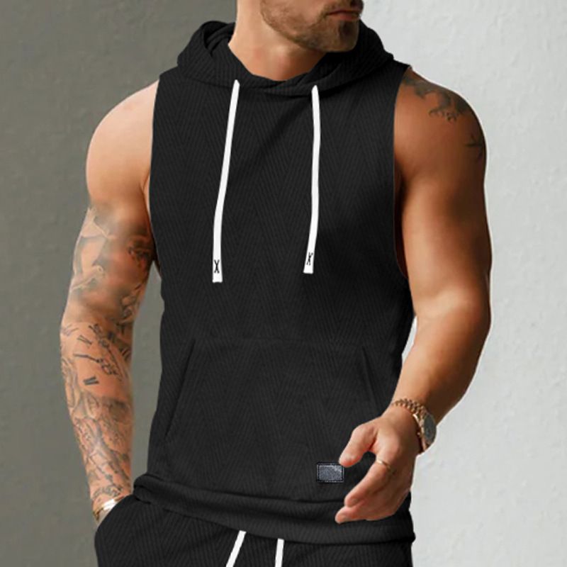 Felpa con cappuccio in maglia jacquard casual da uomo, senza maniche, con tasca applicata e coulisse_voghion.com