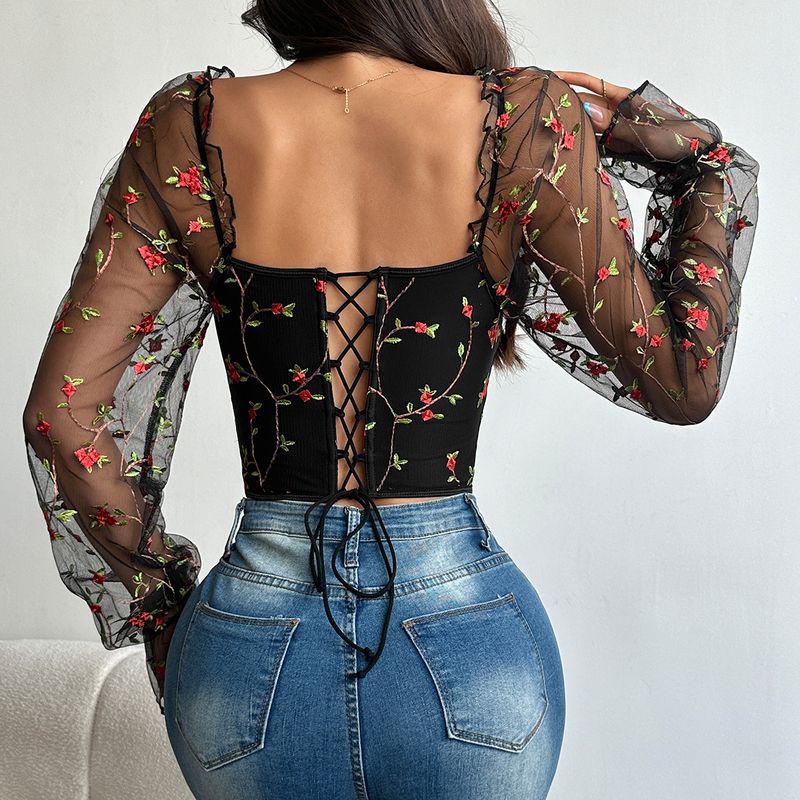 Top a maniche lunghe con ricamo patchwork in rete trasparente e anello in acciaio a spina di pesce K Spicy Girl_voghion.com