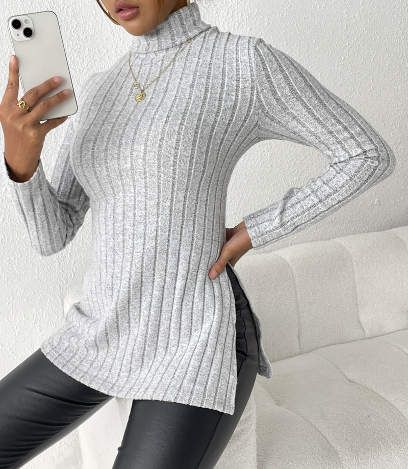 Women's turtleneck pullover slit slim-fit base pit striped medium length_voghion.com