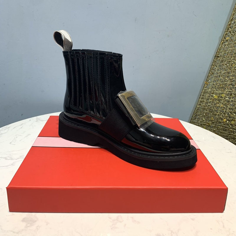 New Women's Flat Bottom Round Head Short Boots with Square Buckle Lacquer Leather Water Diamond Martin Boots Women's Versatile Shoes_voghion.com