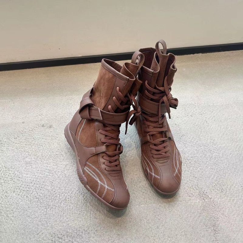 Women Boxing Boots 2025 Spring Height-Increasing Martin For Women, Brown Boxing Suede Round-Toe Lace-Up Sports Boots, Short Boots_voghion.com