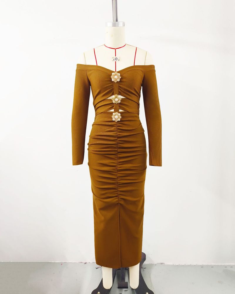 Elegante abito francese con spalle scoperte, pizzo floreale e applicazioni 3D per donna – Abito da sera aderente a vita alta_voghion.com