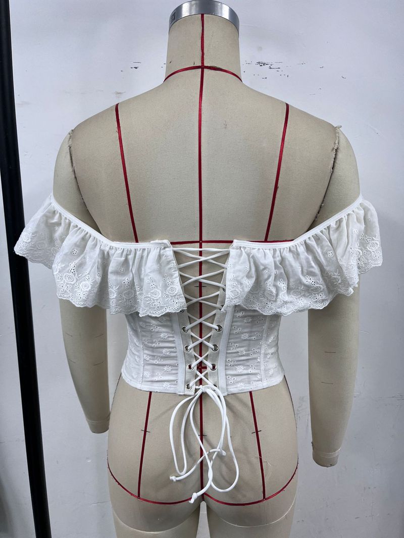Sexy Mädchen Off-Shoulder Strap Französisch Rüschen Taste Taille Abnehmen Weste Z0879_voghion.com