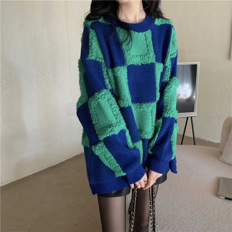 Retro checkerboard plaid sweater for women in autumn and winter thickened outer wear loose lazy style pullover round neck sweater top_voghion.com