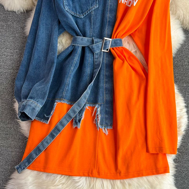 Abbigliamento da donna temperamento vita con cintura colore abbinato denim casual abito T-shirt di media lunghezza_voghion.com