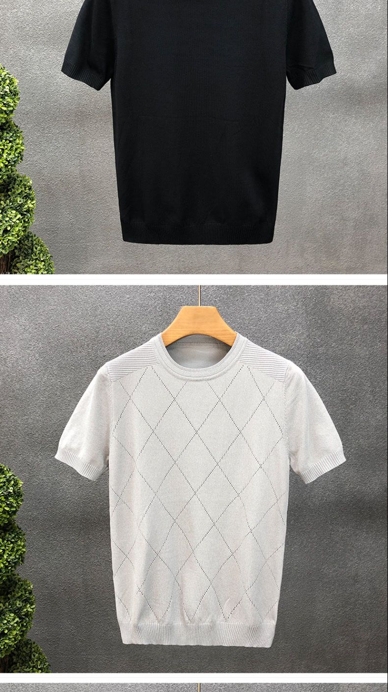 Maglietta intima da uomo estiva 2024, maglietta alla moda con scollo rotondo e mezze maniche, camicia di alta qualità a quadri con diamanti, in seta lavorata a maglia_voghion.com