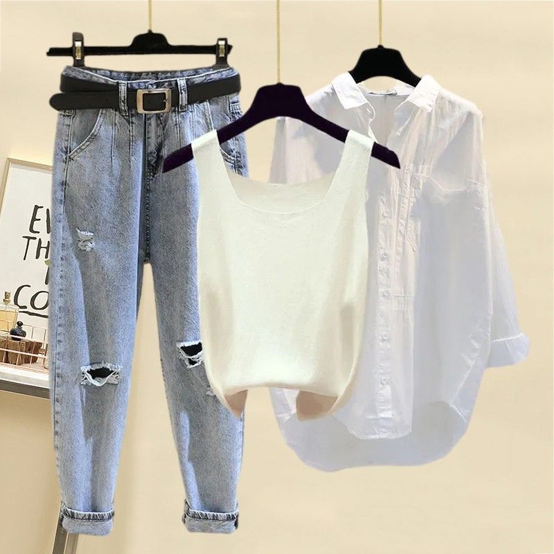 Vêtements pour femmes Costumes de printemps et d'été Nouveaux vêtements pour femmes de grande taille Chemise de protection solaire élégante Gilet Jeans déchirés Costume trois pièces_voghion.com