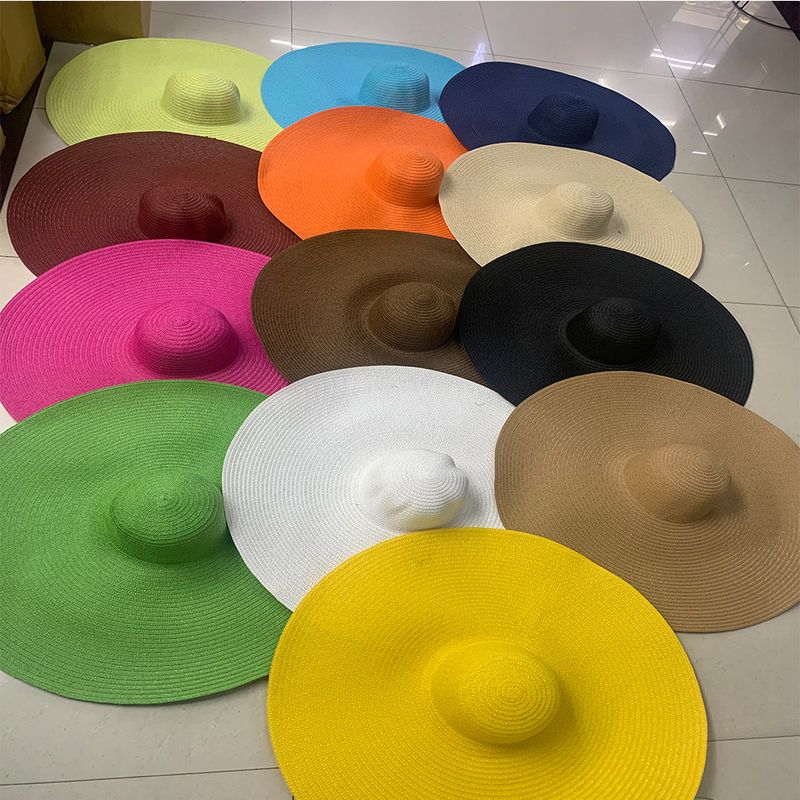 Cappello da spiaggia da donna a tesa larga oversize alla moda in paglia da spiaggia, cappello da sole estivo in morbida pelliccia con bordo arricciato_voghion.com