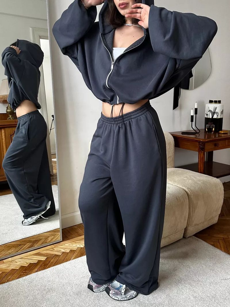 Women's Casual Suit Solid Color Long Sleeved Zipper Cardigan Drawstring Hooded Sweatshirt Sports Elastic Pants Two-piece_voghion.com