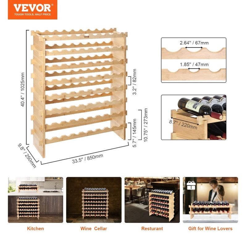 Display Bottle Wine Wood Rack 8-Tier Modular 72 Shelf Bamboo Stackable_voghion.com