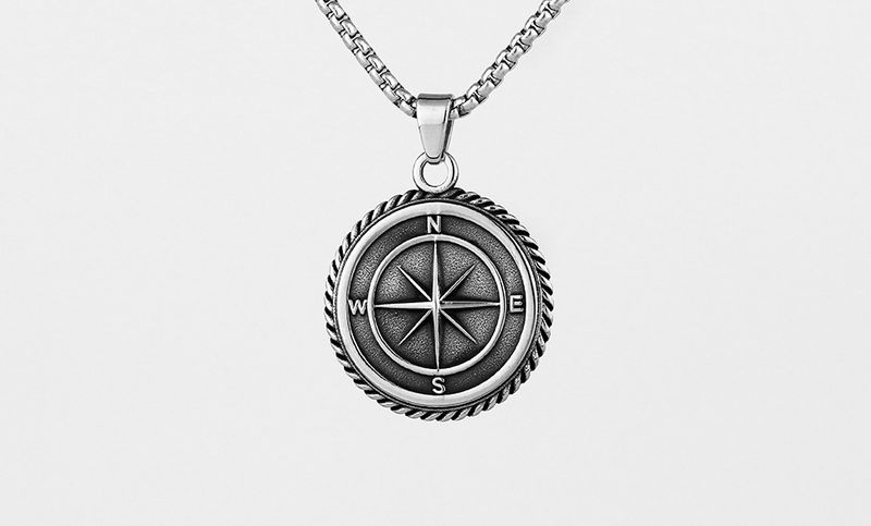 2025 New Arrivals Fashion Layered Necklaces for Men, Sailing Travel Compass Pendant, Stainless Steel Cuban Figaro Wheat Chain, Casual_voghion.com