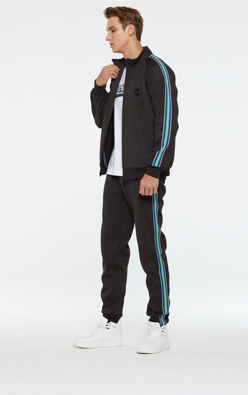 Herrenbekleidung Langarm Sport Zweiteiliger Reißverschluss Kontrastierende bedruckte Linie Mode Lässiger und bequemer Anzug_voghion.com