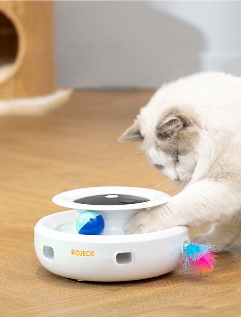 ROJECO 2-in-1-Smart-Katzenspielzeug, automatisches Federball-Spielzeugset für Katzen und Hunde, 5 Modi, elektronisches interaktives Haustierspielzeug-Zubehör_voghion.com