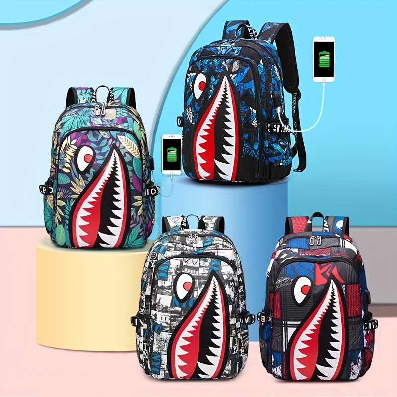 Mochila con patrón de tiburón, bolso escolar de nailon de moda para estudiantes, mochila de viaje ligera con puerto de carga USB_voghion.com