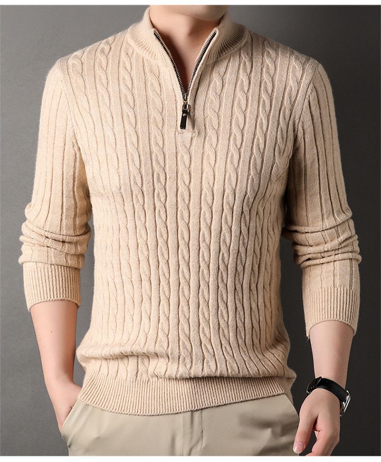 Herren-Strickpullover mit halbem Reißverschluss und Wollmischung, Winterpullover für lässigen & eleganten Style (Grau, M)_voghion.com