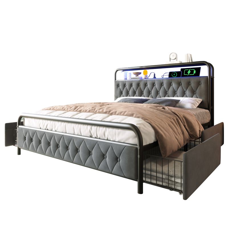 Lit double avec chargement USB Type-C, cadre de lit LED contrôlé par application, cadre de lit en métal 140 x 200 cm avec 4 tiroirs, revêtement en velours (matelas non inclus)_voghion.com