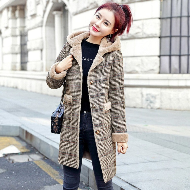 Herbst Winter Wolle Mantel Frauen Plaid Schafe Scher Leder Pelz Mid Lange Mäntel Plus Veet Starke Mit Kapuze Warme Wolle Dame mantel_voghion.com