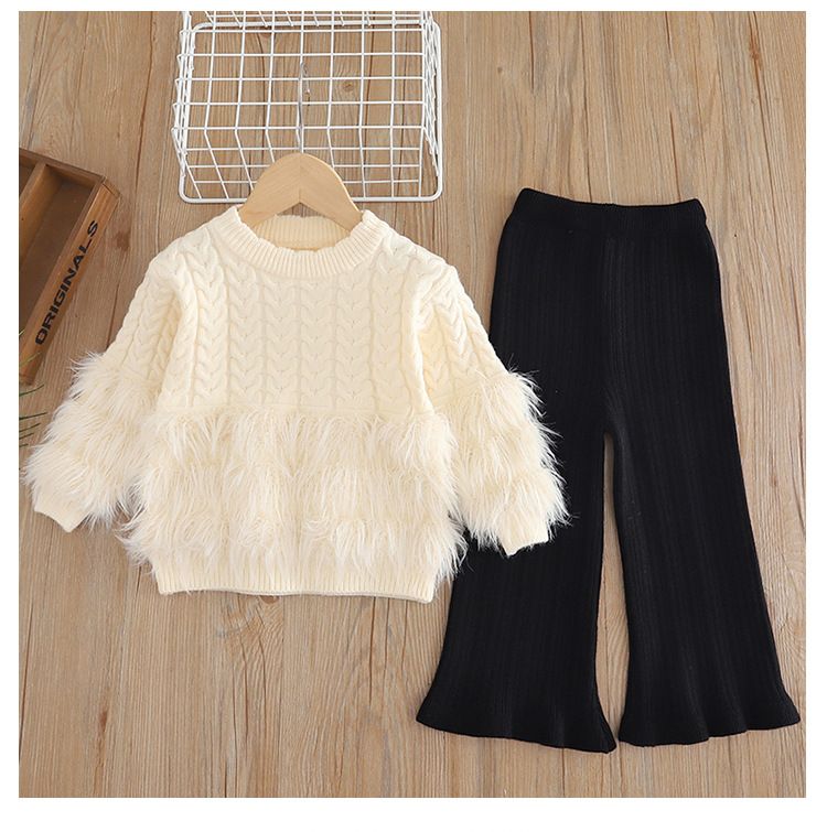 Set aus Strickpullover und Schlaghose für Mädchen – Weiche Polyestermischung, Koreanischer Stil, 3–8 Jahre (100–140 cm), Beige/Rot/Pink/Khaki_voghion.com