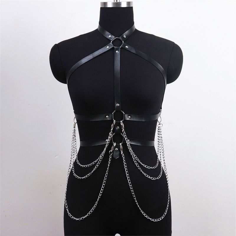 Leder Metall Körperkette Bralette Top Käfig Körpergeschirr Punk Gothic Strumpfband Gurt Verstellbar Fetisch Festival Tanz Rave Exotische Bondage Ausrüstung_voghion.com