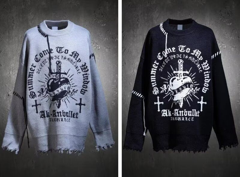 Herren-Strickpullover mit Rissen in europäischen Größen – Oversized-Pullover mit Kordelzug, trendige Streetwear in dunklen Tönen (Schwarz/Grau)_voghion.com