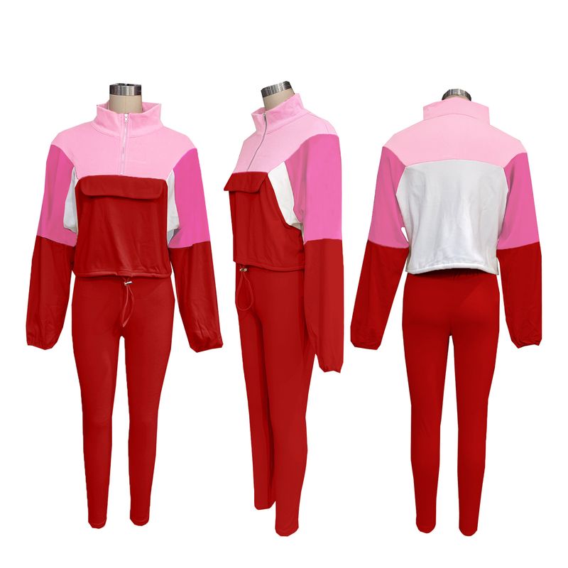 Women's Clothing Autumn Contrast Color Suit Zipper Color Block Sweater Tights Sports Two Piece Suit_voghion.com