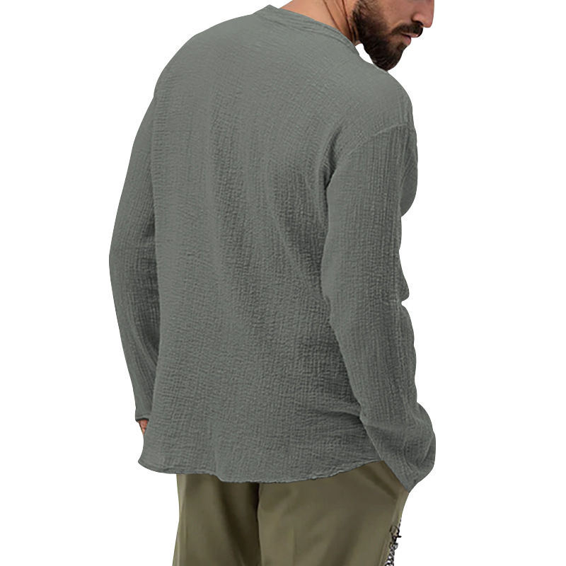 Camicia casual da uomo in tessuto a bolle, a maniche lunghe, tinta unita, con bottoni, tendenza 2023_voghion.com