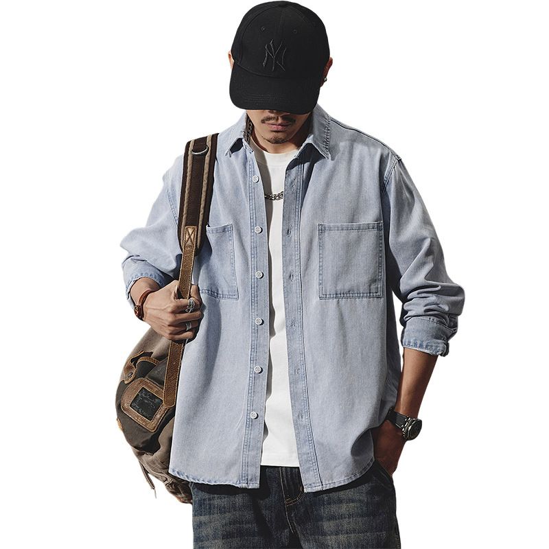 Chemise en jean pour homme, nouvelle collection printemps-été, ample et simple, style japonais, grande taille, couleur unie_voghion.com
