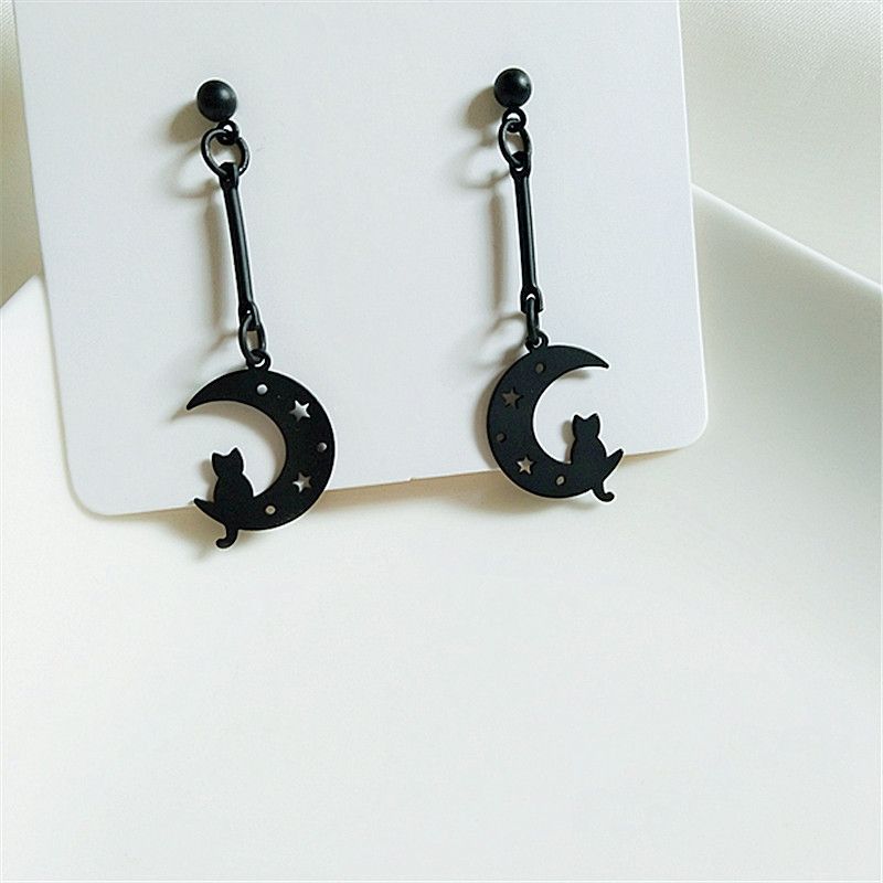 Orecchini lunghi a forma di luna con nappine, orecchini a clip non forati con ago in argento, orecchini a forma di stella e luna, orecchini neri con clip per orecchini_voghion.com