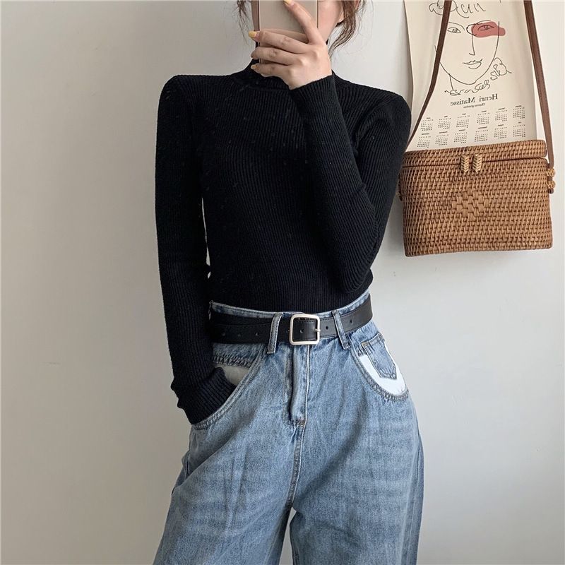 Maglione a collo alto da donna, a maniche lunghe, lavorato a maglia, 2025, autunno inverno, vestibilità slim, tinta unita_voghion.com