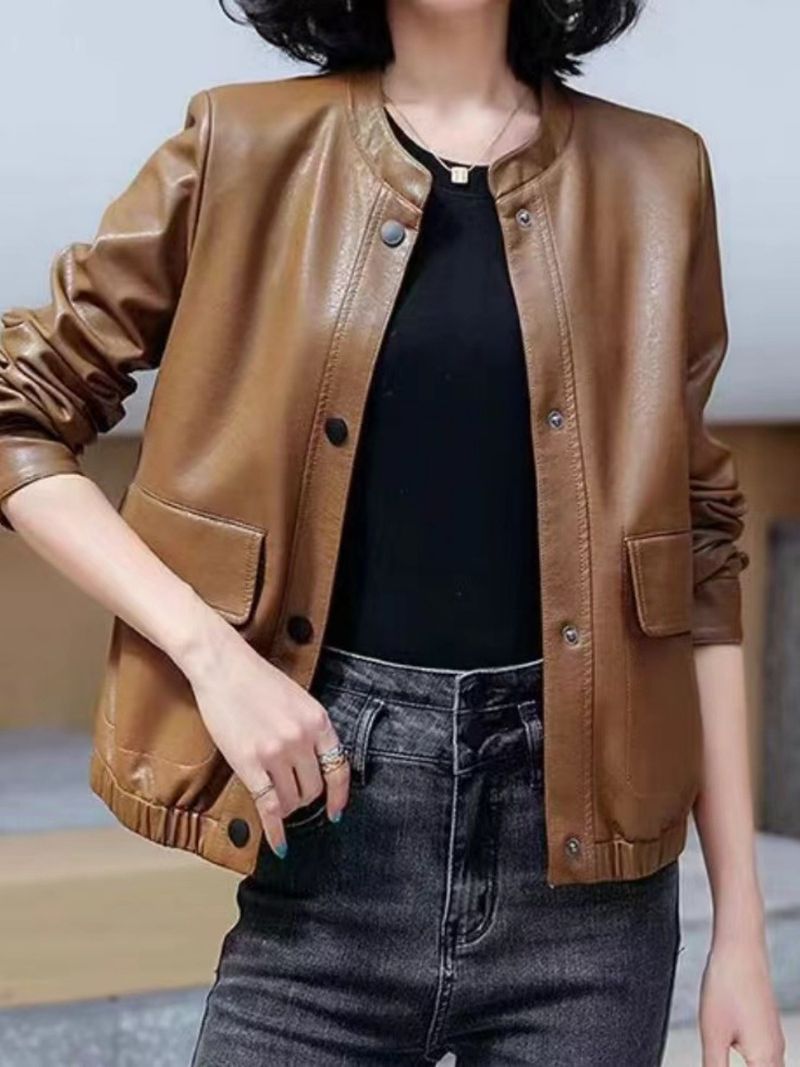 Kurz für Frauen 2025 Frühling Neue modische elegante vielseitige Petite PU Lederjacke Top_voghion.com