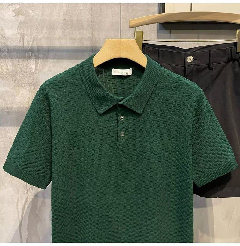 Herrenbekleidung Sommer New Ins Revers Kurzarm Poloshirt Herren Leichtes Luxus All Match Einfarbiges Kariertes Textur T-Shirt_voghion.com