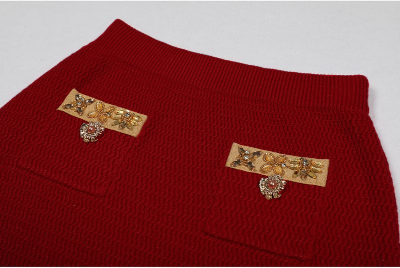 Completo cardigan in maglia con paillettes e perline e gonna alla moda – Coordinato scintillante primavera/autunno (rosso/nero/bianco, S-XL)_voghion.com