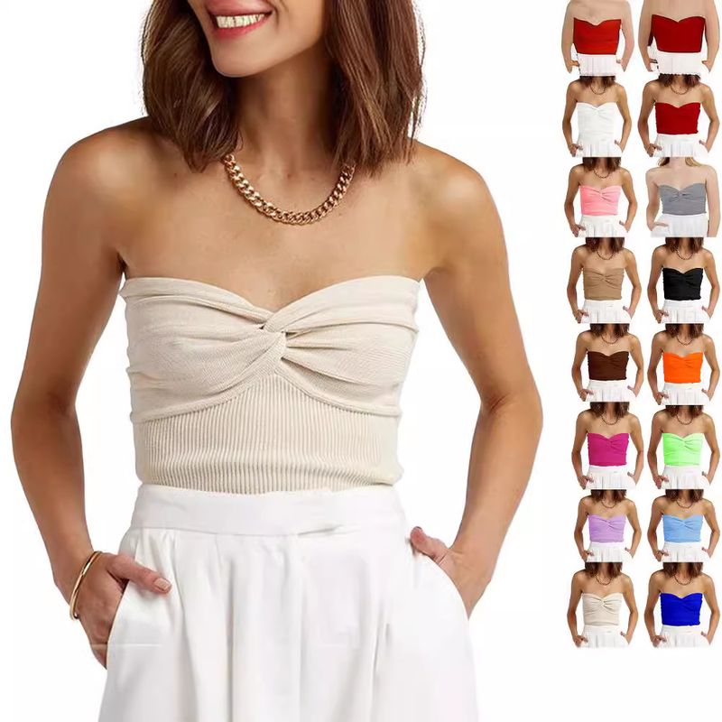 2024 Frühling Sommer Neue Einfarbige Twisted Knit Strap Kurze Enge Backless Tube Top Strickwaren Damenmode_voghion.com