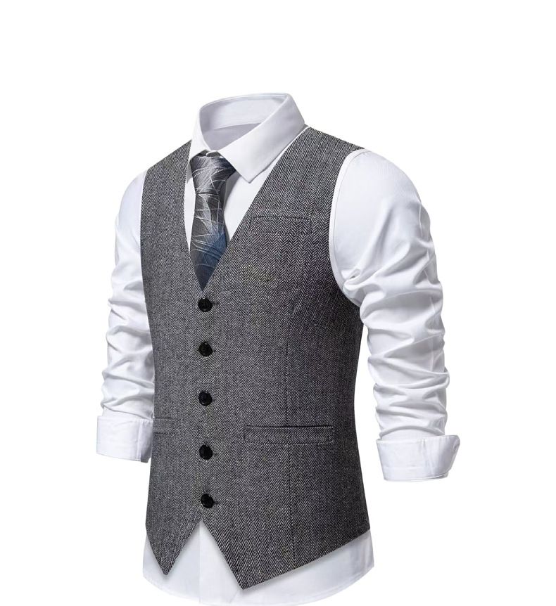Herbst und Winter Herren Fischgrätenanzug Weste Retro Spleißen Einreihige Weste Herrenweste_voghion.com