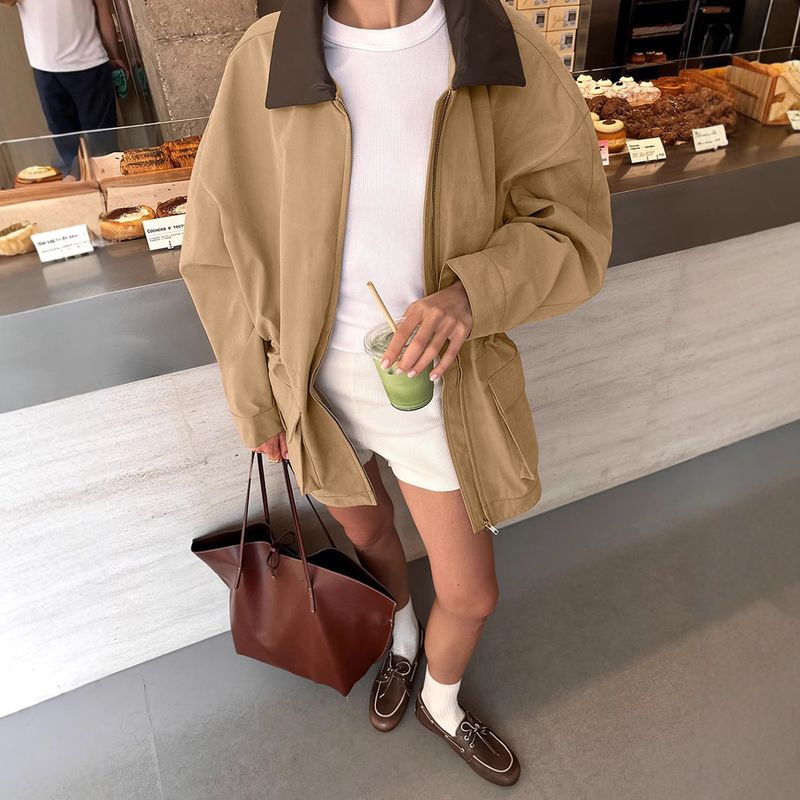 Veste coupe-vent ample en cuir patchwork kaki automne et hiver pour femme_voghion.com
