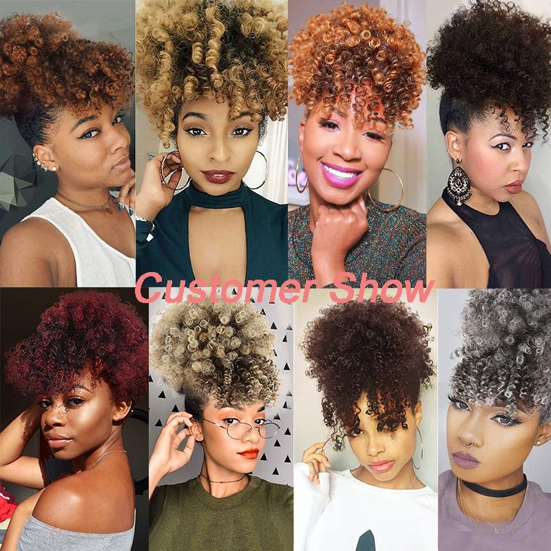 Zwarte korte kinky krullende chignon met pony Synthetische haarknot Trekkoord paardenstaart Clip in Afro Puff haarstukken voor vrouwen_voghion.com